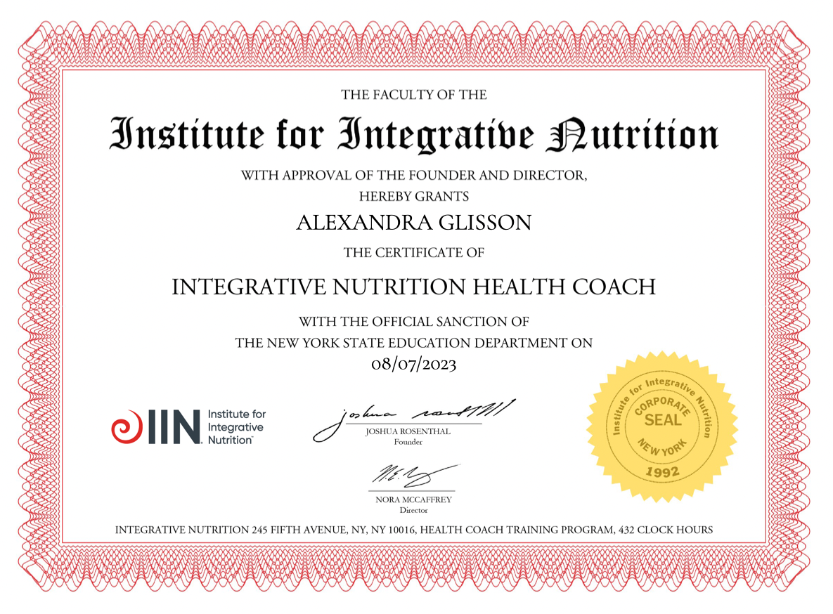 founder of modern day holistic, graduation certificate, certified integrative nutrition health coach, isn